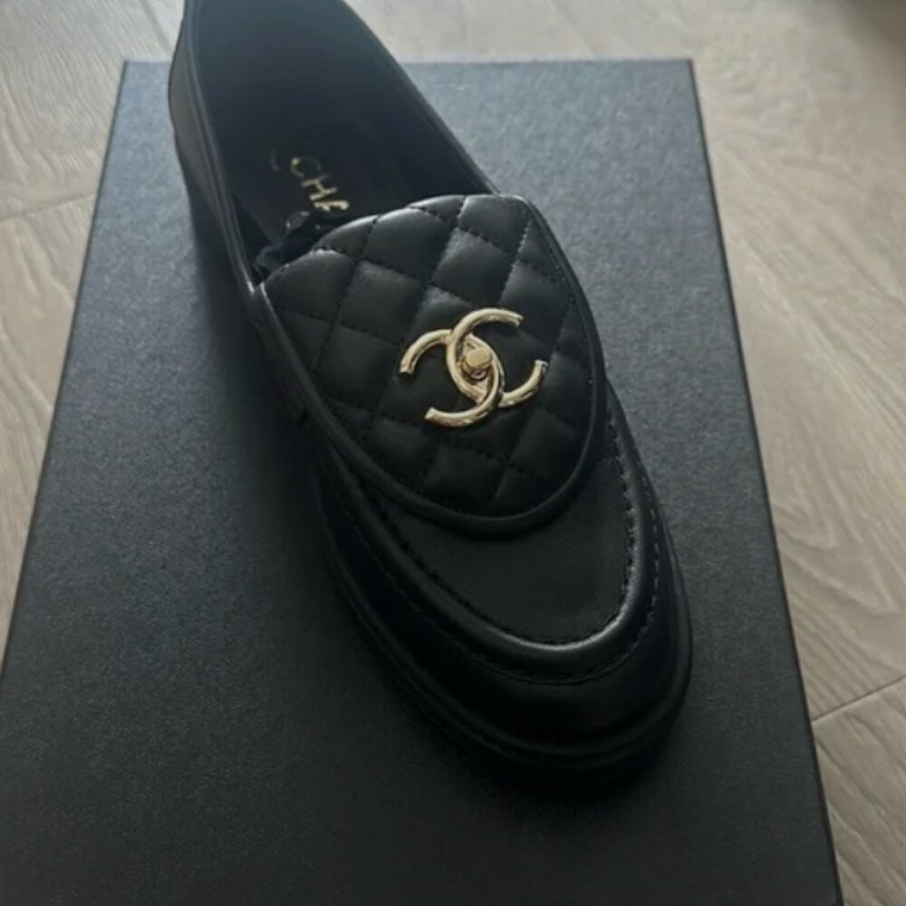 Chanel Turnlock loafers size 37.5 black/gold hardware sole protector applied